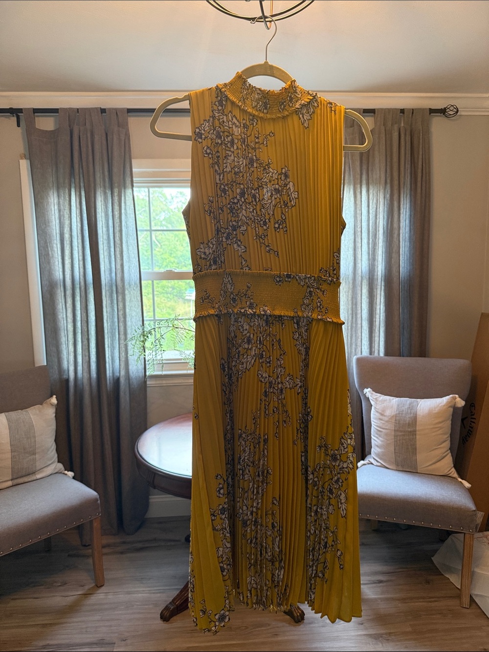 Nanette Lepore Mustard Pleated Floral Maxi Dress